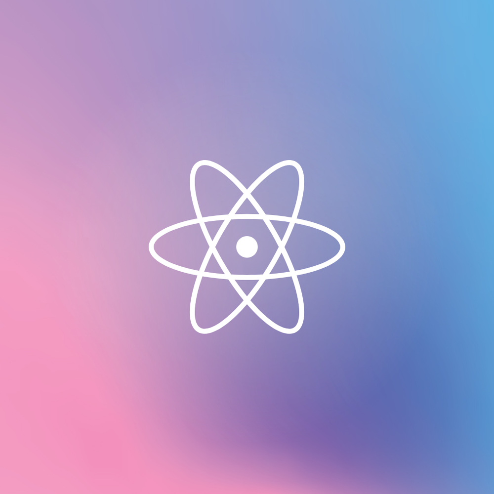 White atom symbol on a gradient pink to blue background