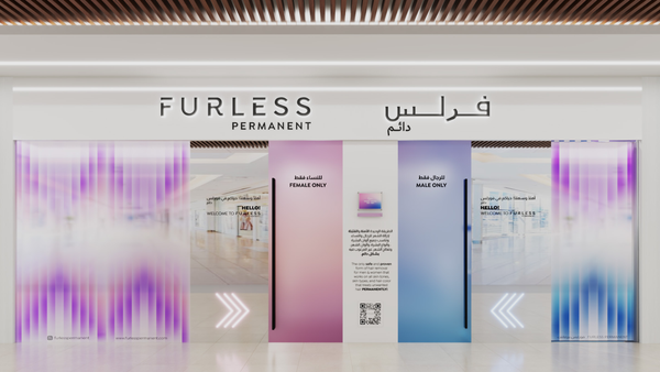 Display of Furless Permanent Riyadh Al Faisaliah Mall with branding and separate male and female entrances.