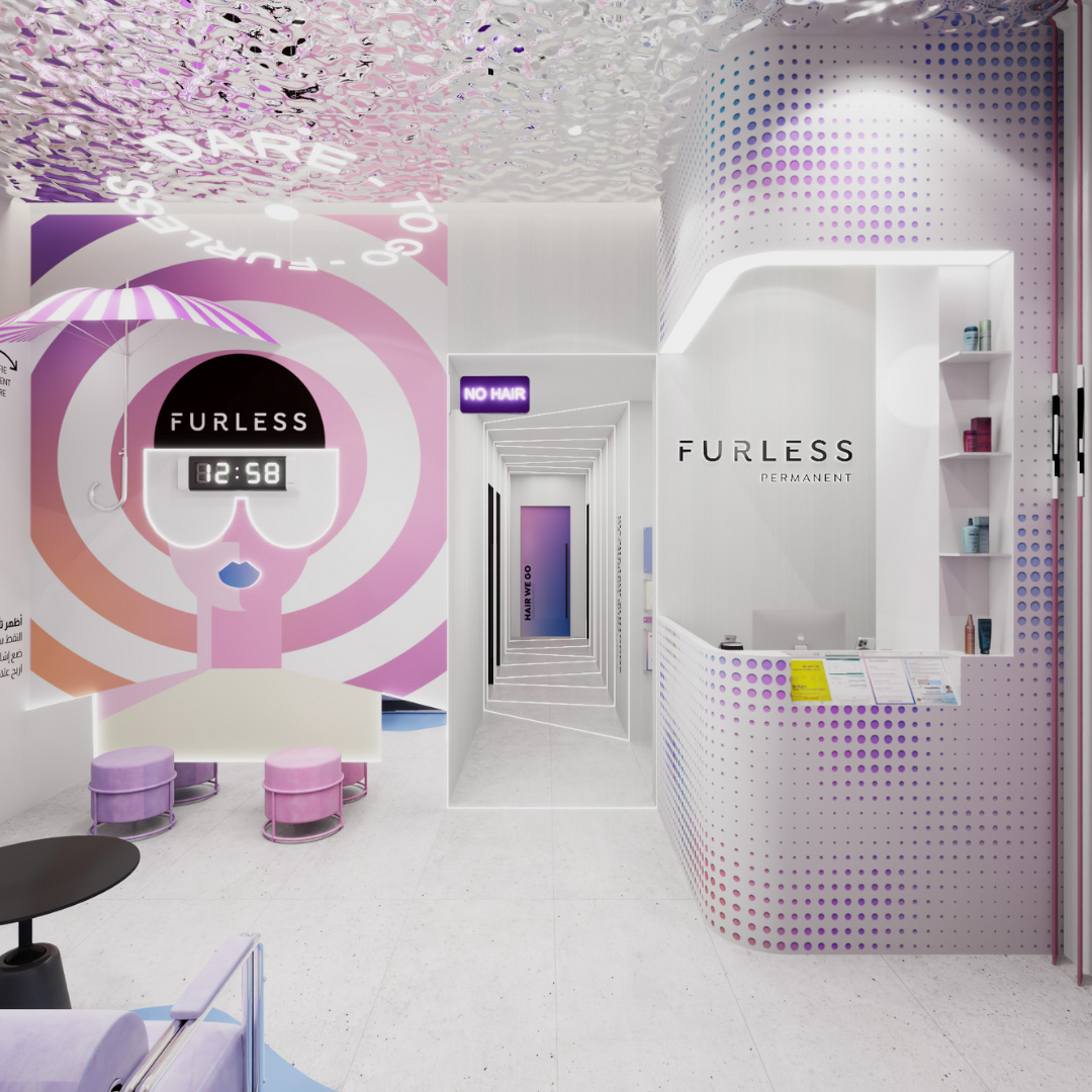 Modern interior design with 'FURLESS Permanent' branding on walls and ceiling.