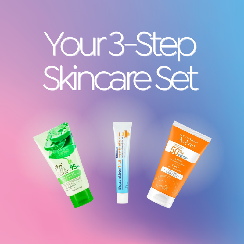 Three skincare products with a gradient background and text 'Your 3-Step Skincare Set'.